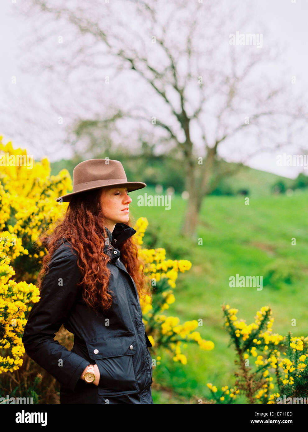 A woman with long curly hair wearing a hat, by a flowering gorse bush. Stock Photo