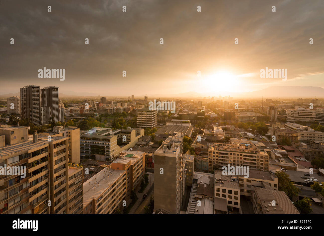 Aerial view of Santiago city at sunset, Chile Stock Photo