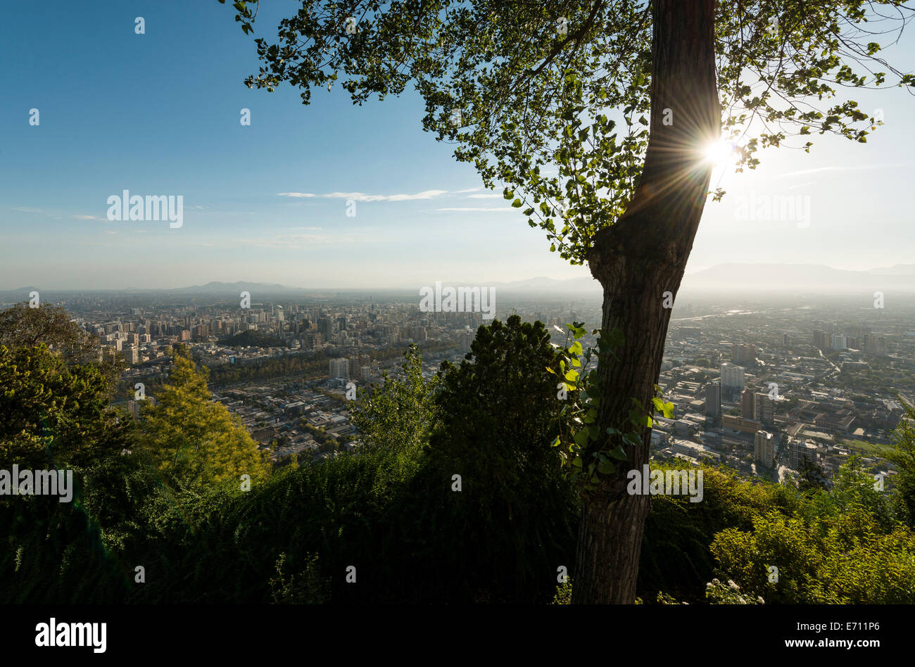 View from Cerro San Cristobal at dusk, Santiago, Chile Stock Photo