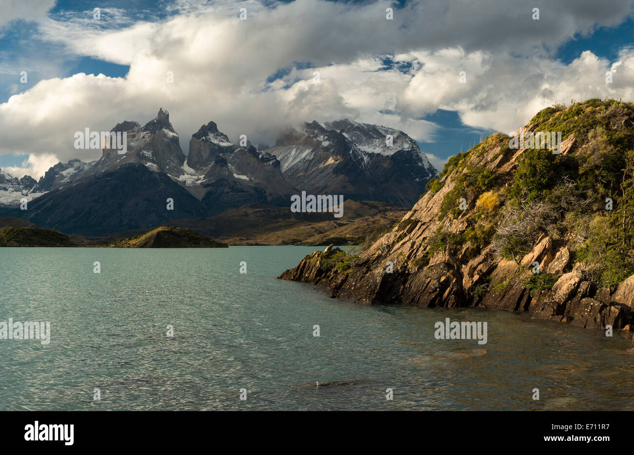 Dawn over Lago Pehoe, Torres del Paine National Park, Patagonia, Chile Stock Photo