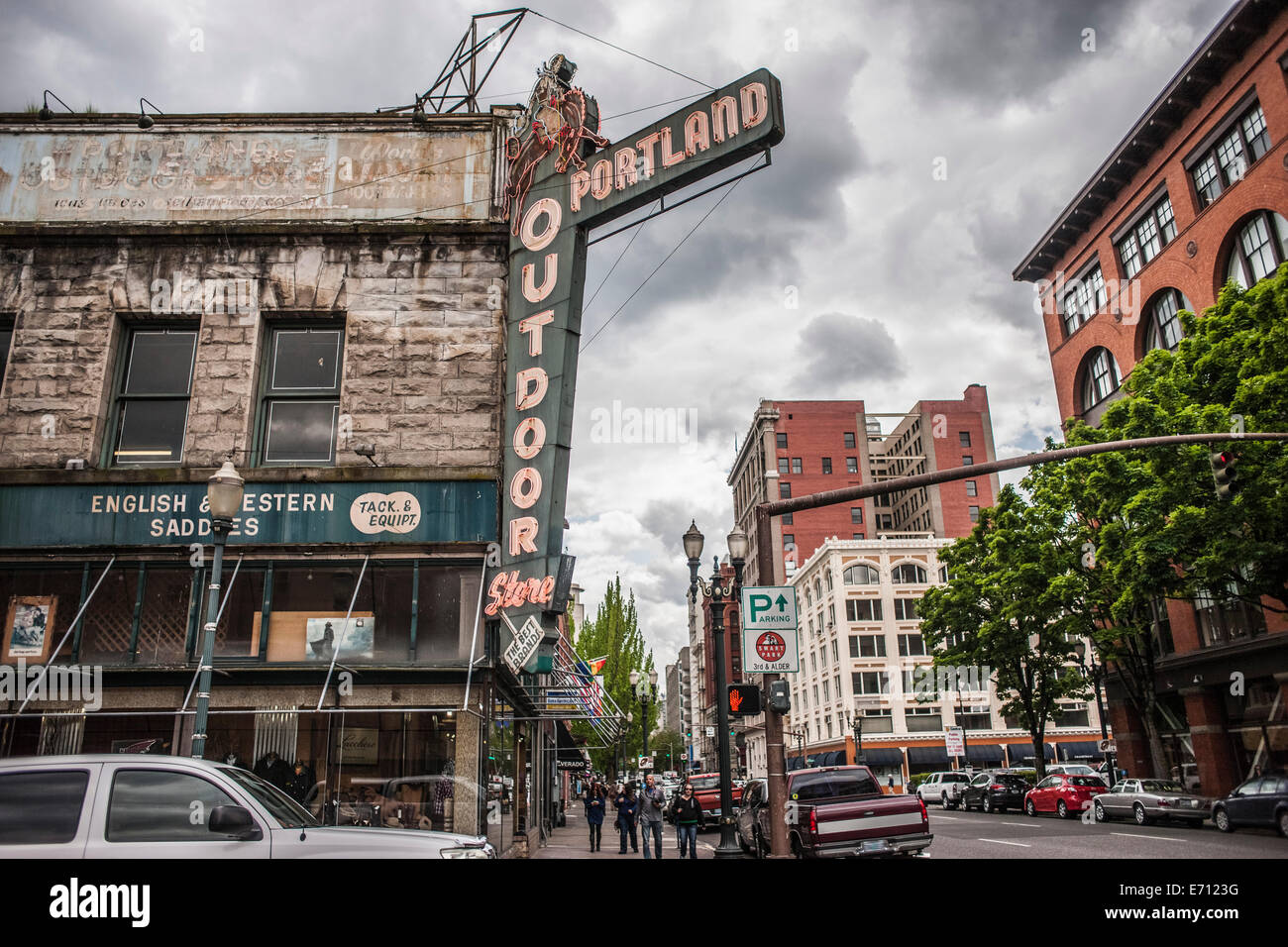 Shop sign for Outdoor Store, Portland, Oregon, US Stock Photo