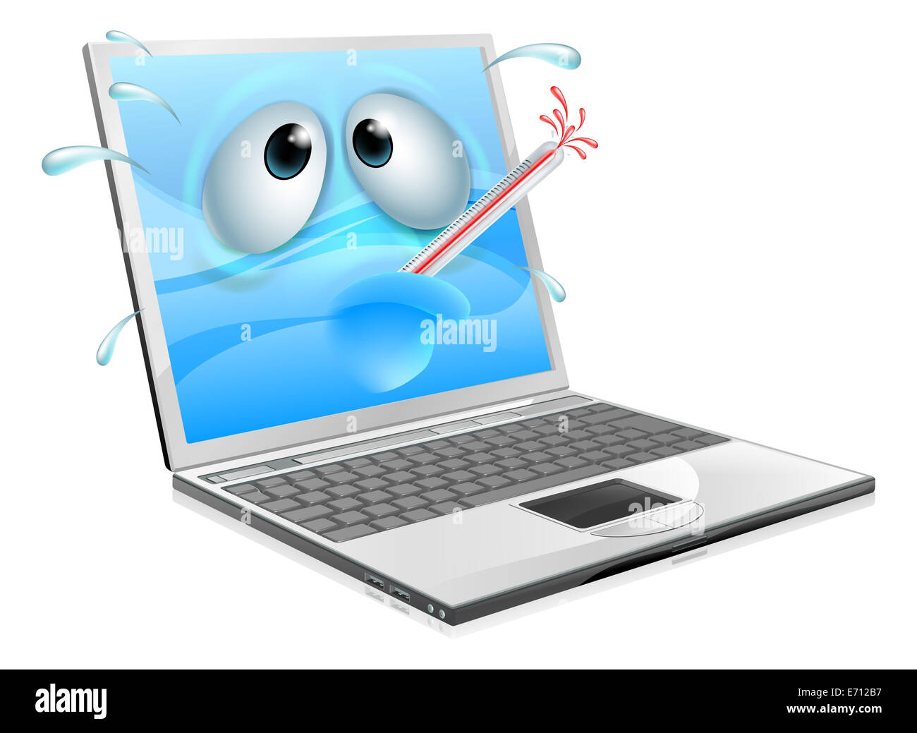 Broken cartoon laptop computer, cartoon of an unwell laptop computer with a bursting thermometer in its mouth. Could be a broken Stock Photo