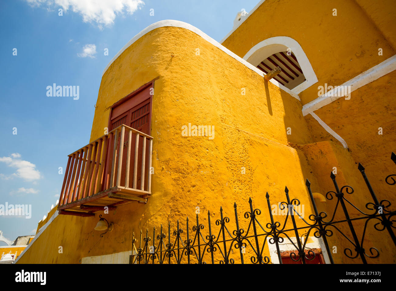 bright color colonial Spanish building closeup details in the Mexican trown of Izamal Stock Photo