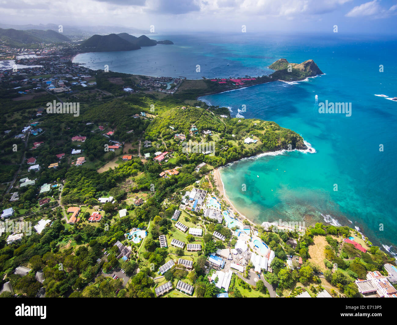 Caribbean, St. Lucia, Cap Estate, Cottan Bay Village, aerial photo of