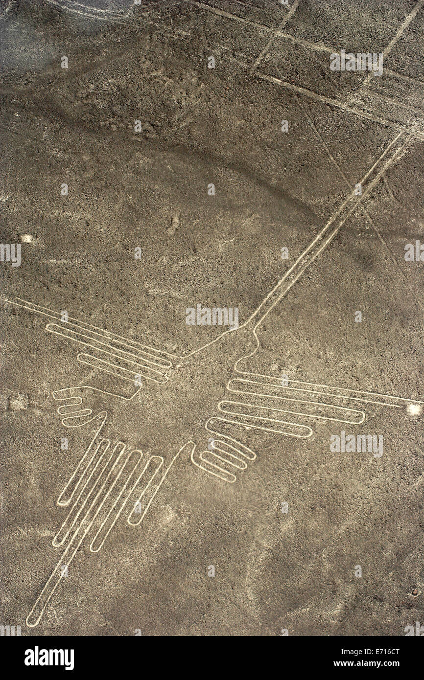 Peru, Ica, Nasca Lines, view of the colibri, aerial view Stock Photo