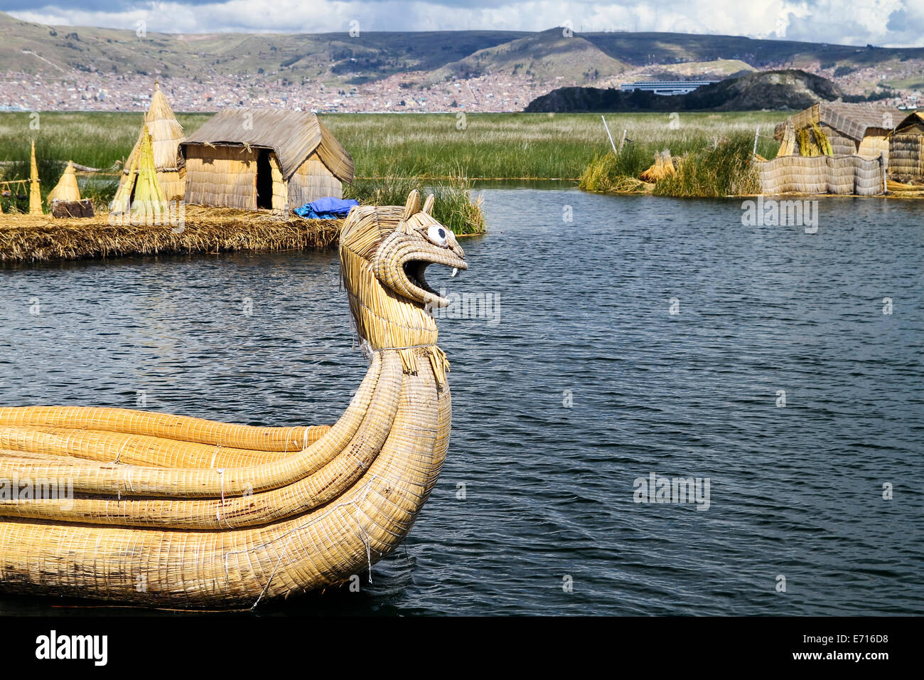South America, Peru, Typical boat made of reed in the Lake Titicaca ...