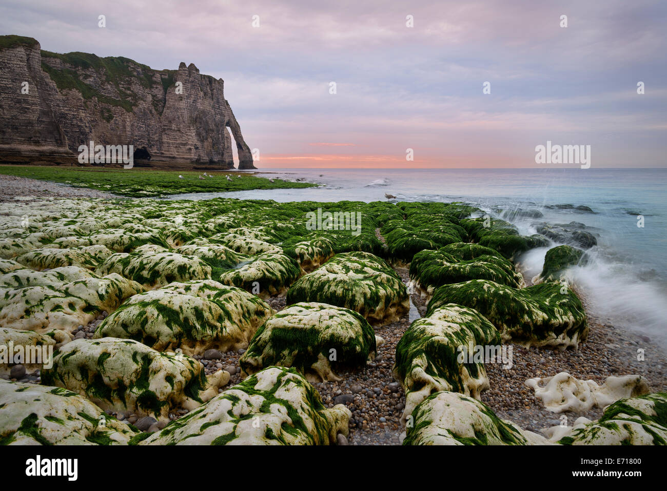 France, Upper Normandy, Etretat, Coast in the evening Stock Photo