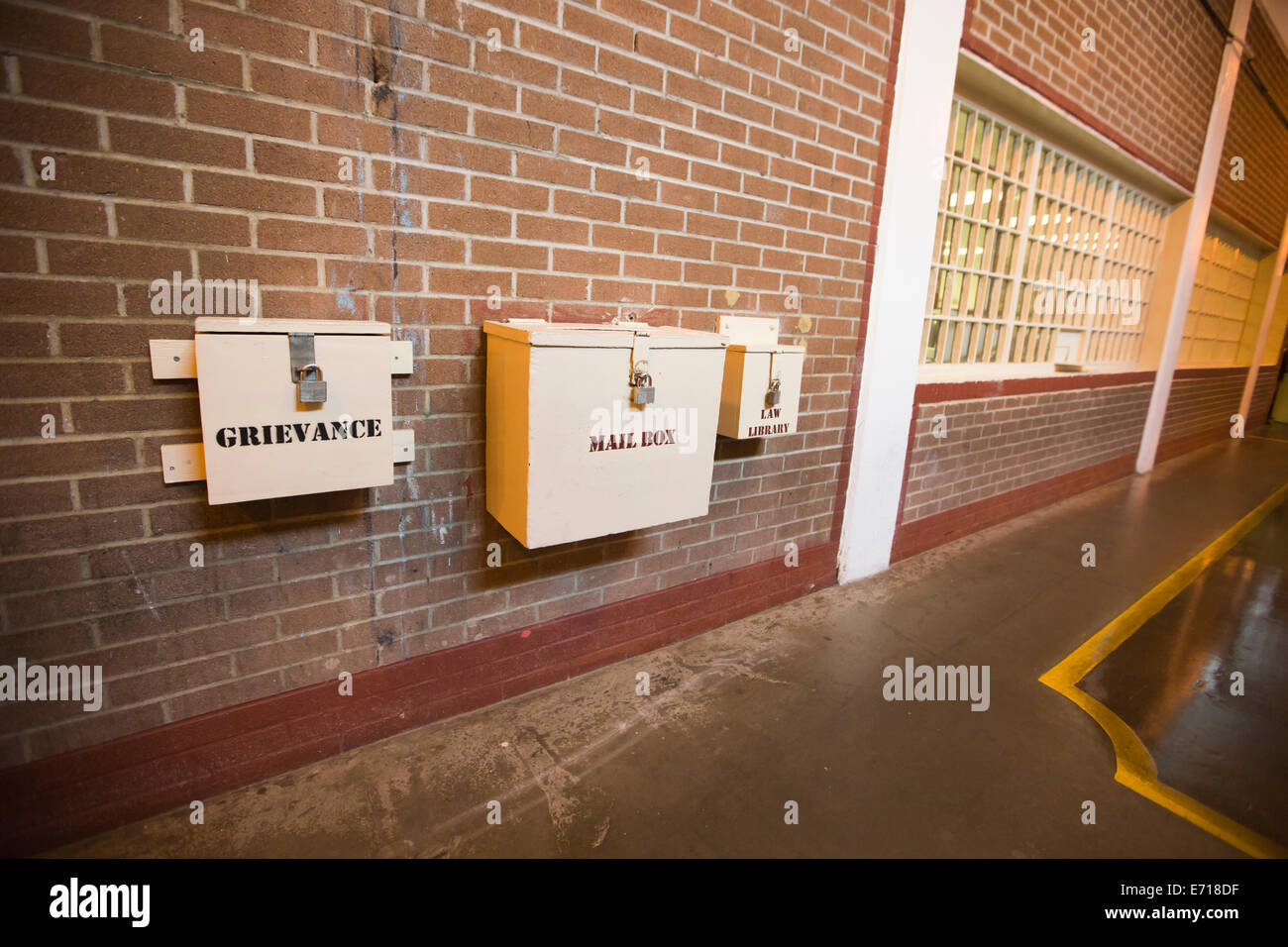 hallway inside Darrington prison near Houston, Texas. Mailboxes with