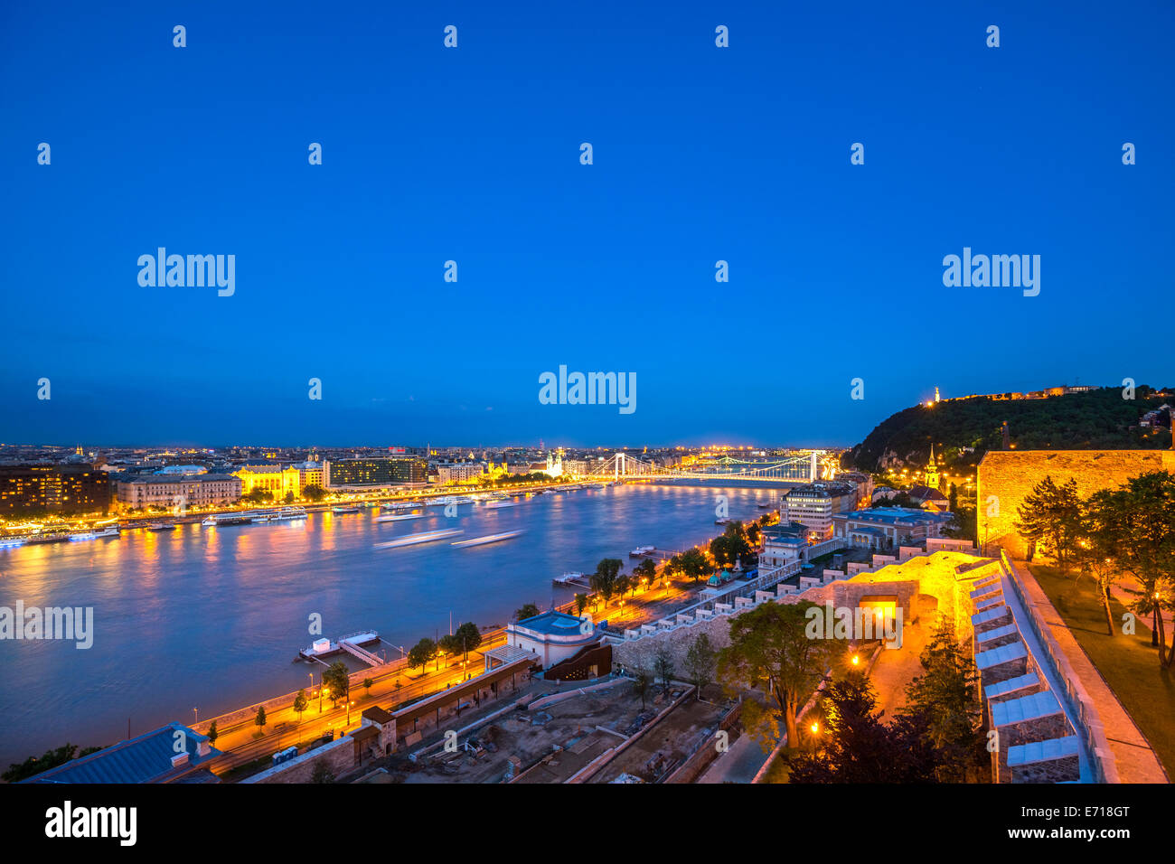 Hungary, Budapest, View from Buda to Pest, Liberty Bridge and Danube river in the evening Stock Photo