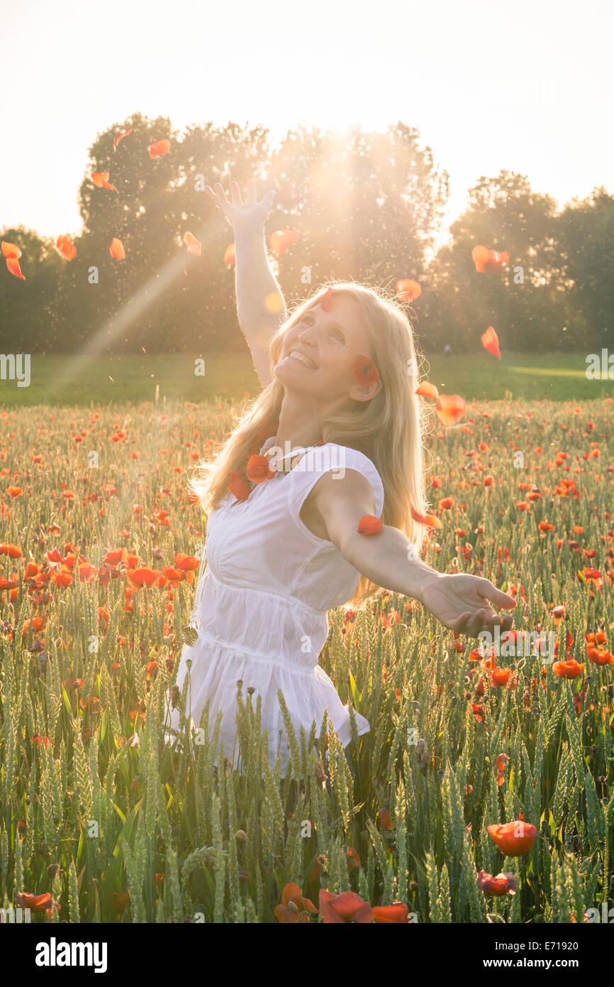 Woman standing in a poppy field throwing petals into the air Stock ...