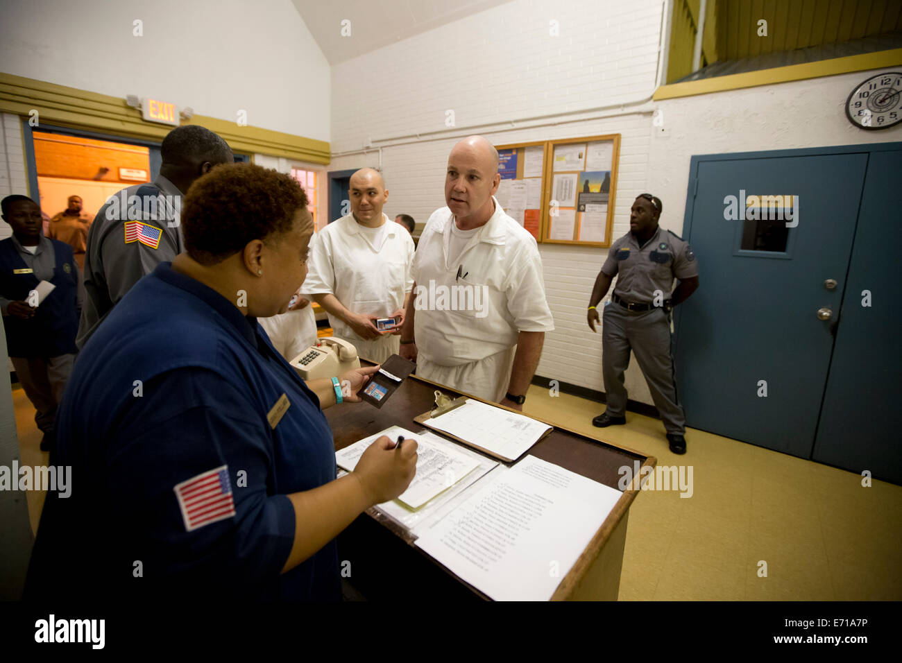 Male inmate students who are enrolled in the Southwestern Baptist Theological Seminary program at Darrington prison near Houston Stock Photo
