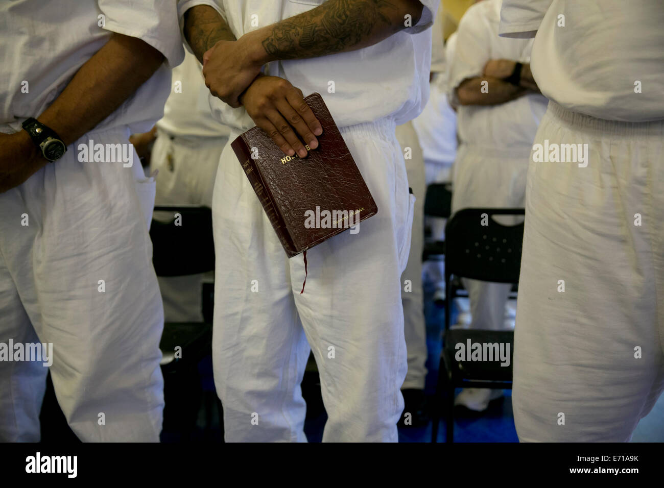 Male inmate students who are enrolled in the Southwestern Baptist Theological Seminary program at Darrington prison near Houston Stock Photo