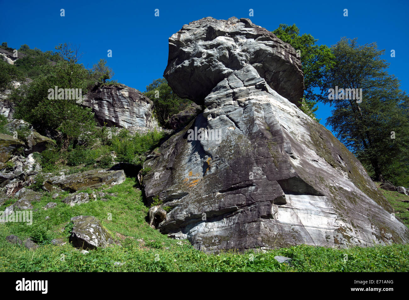 Schwitzerland, Ticino, Valle Maggia, Cevio, Bignasco, Historical Site Sott Piodau, Rock formation mushroom Stock Photo