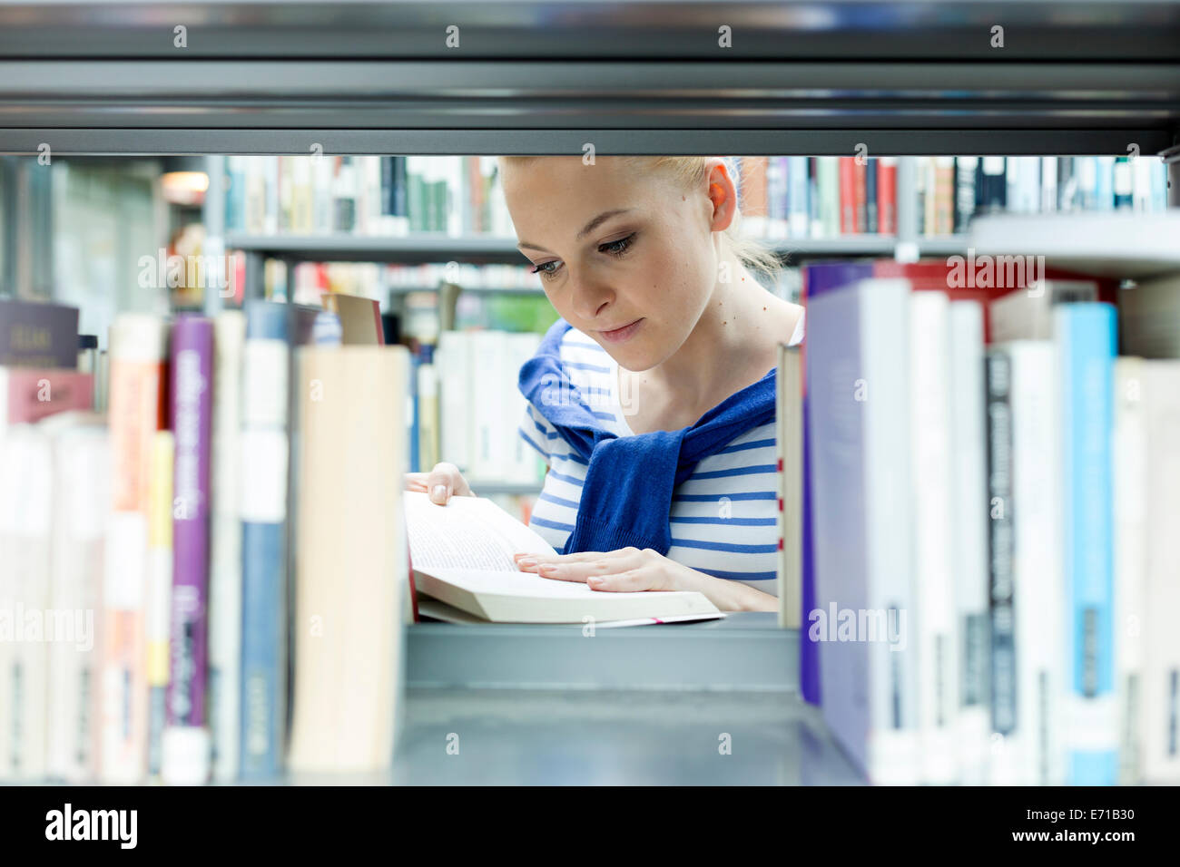 Student in a university library reading book at shelf Stock Photo