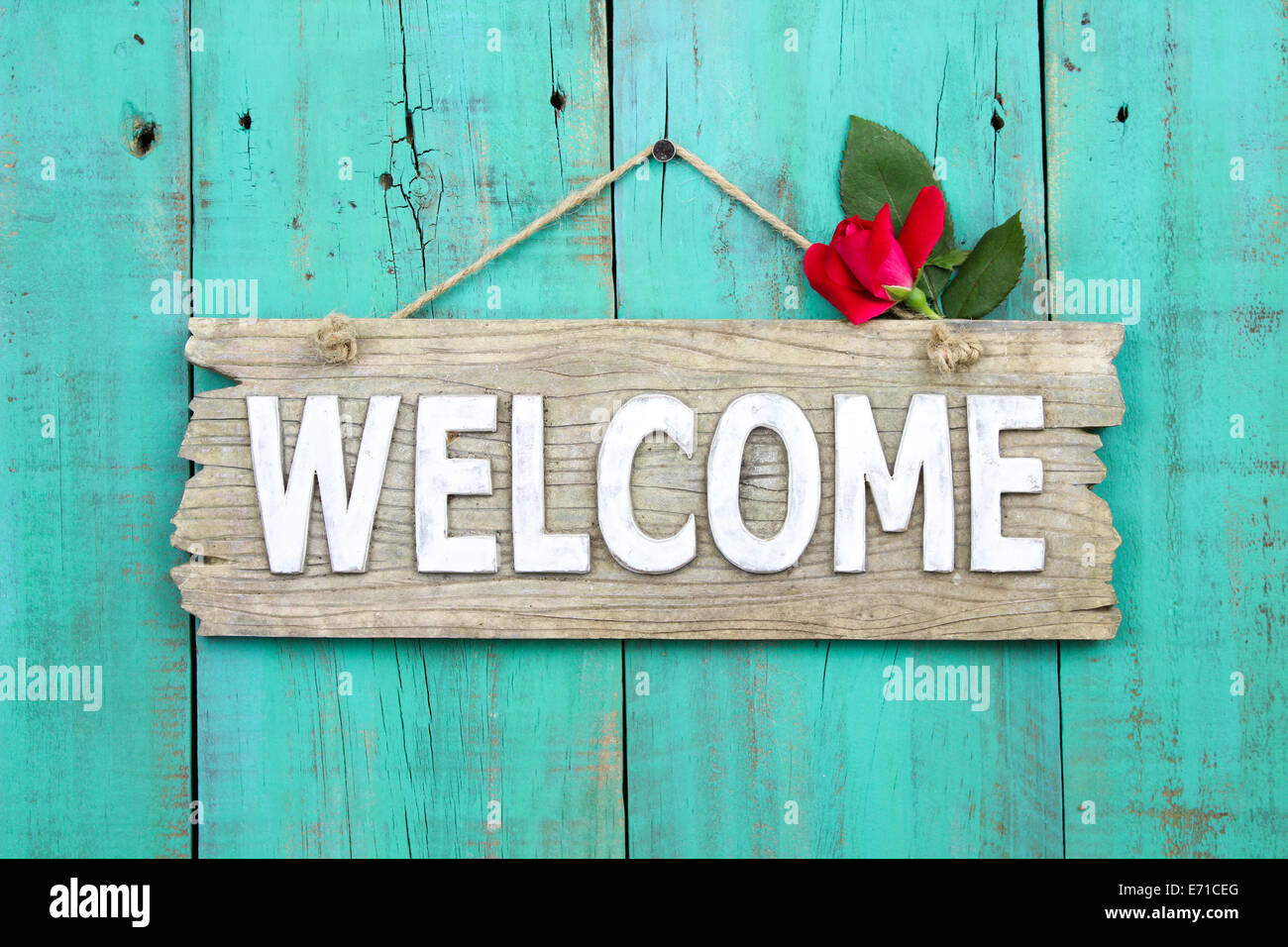 Weathered welcome sign with red rose bud hanging on antique green old wood door Stock Photo