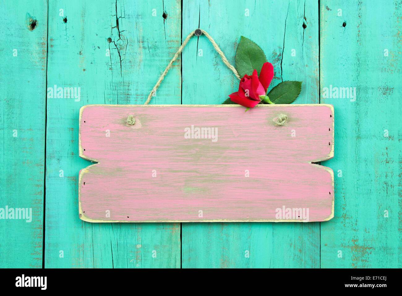 Weathered blank pink sign with flower hanging on antique green old wood door Stock Photo
