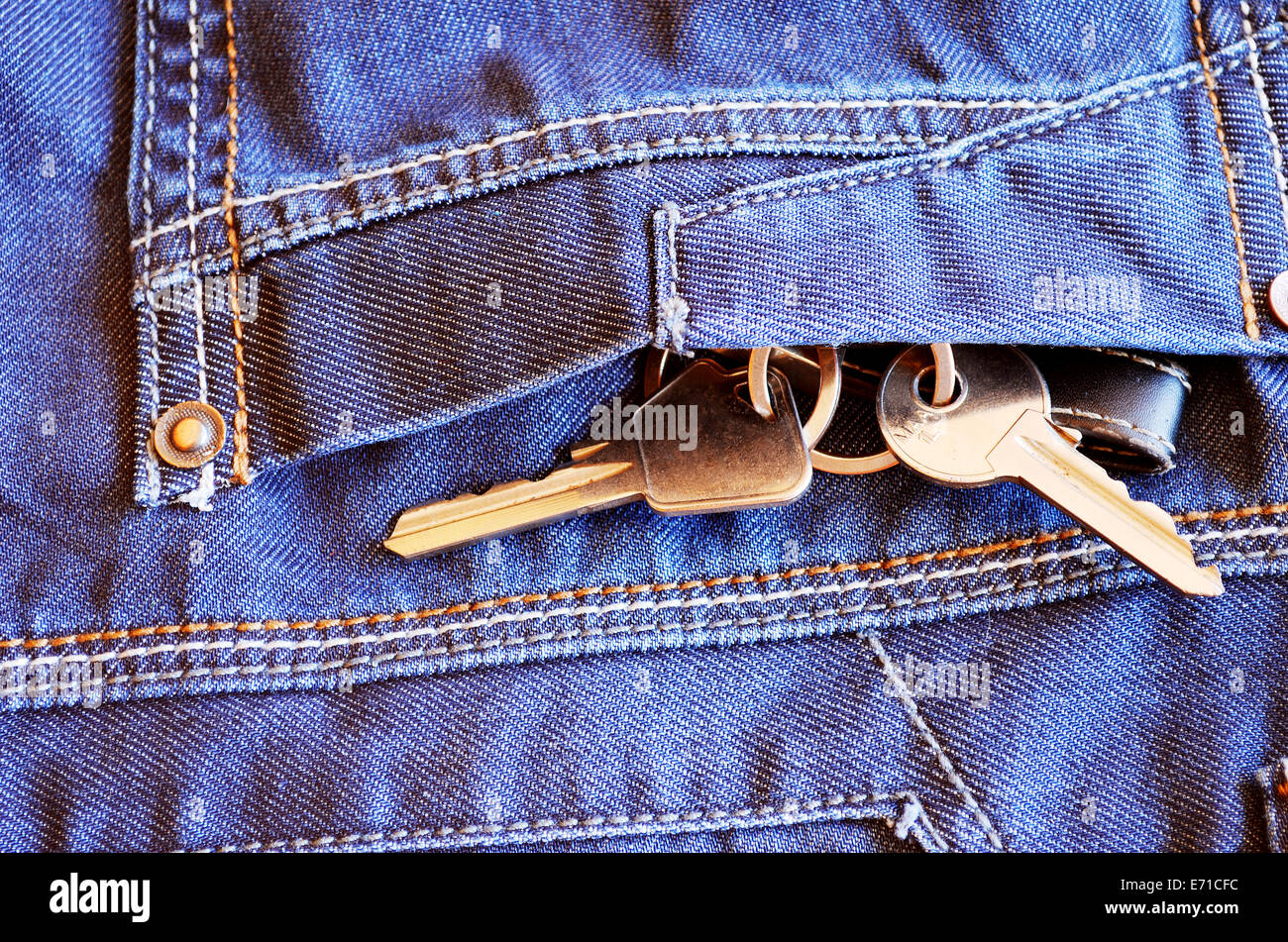 Retro FIltered Set Of Apartment Or Car Keys In Jeans Pocket Stock Photo