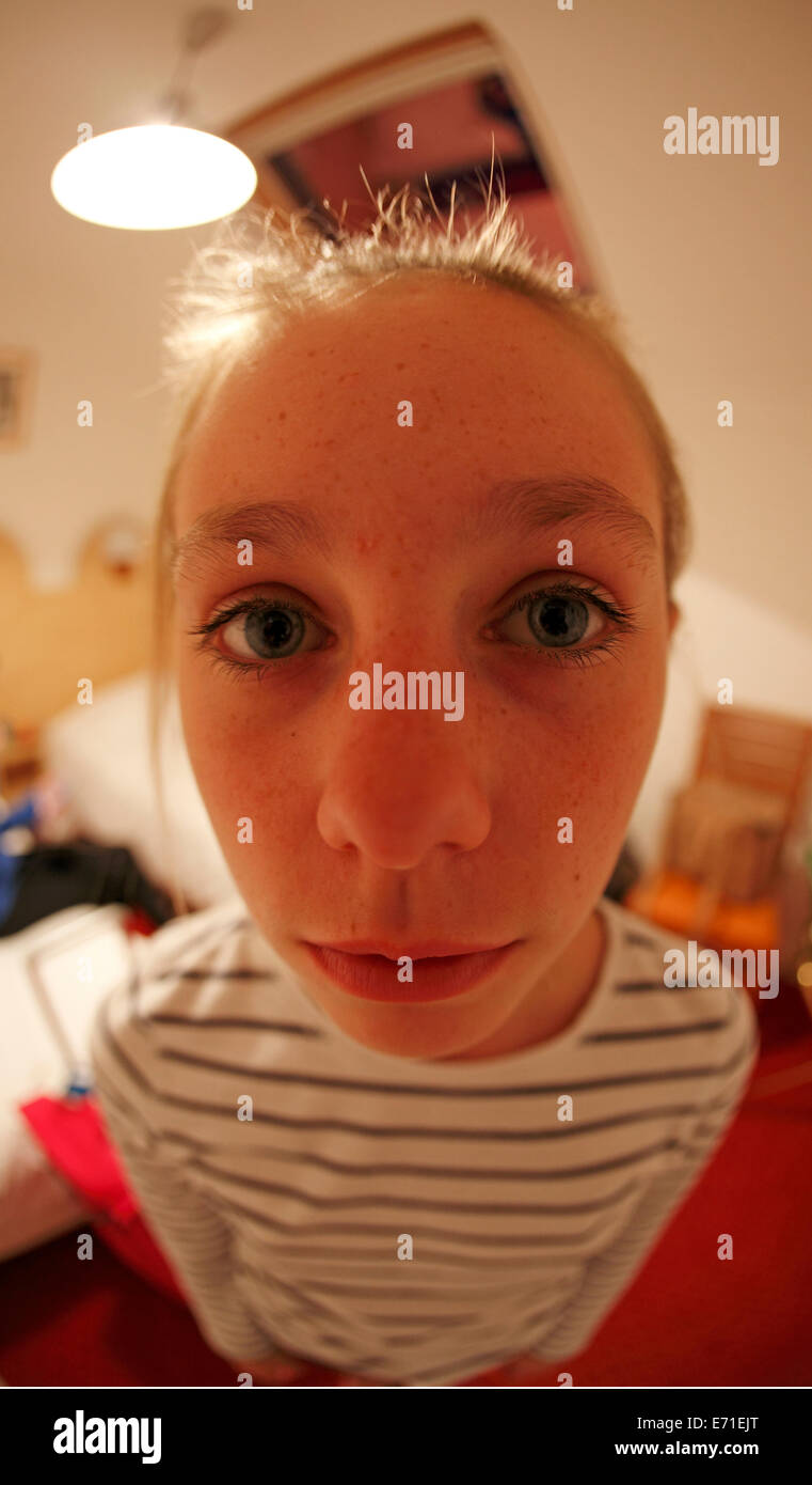 very close up with fisheye of a girls face Stock Photo