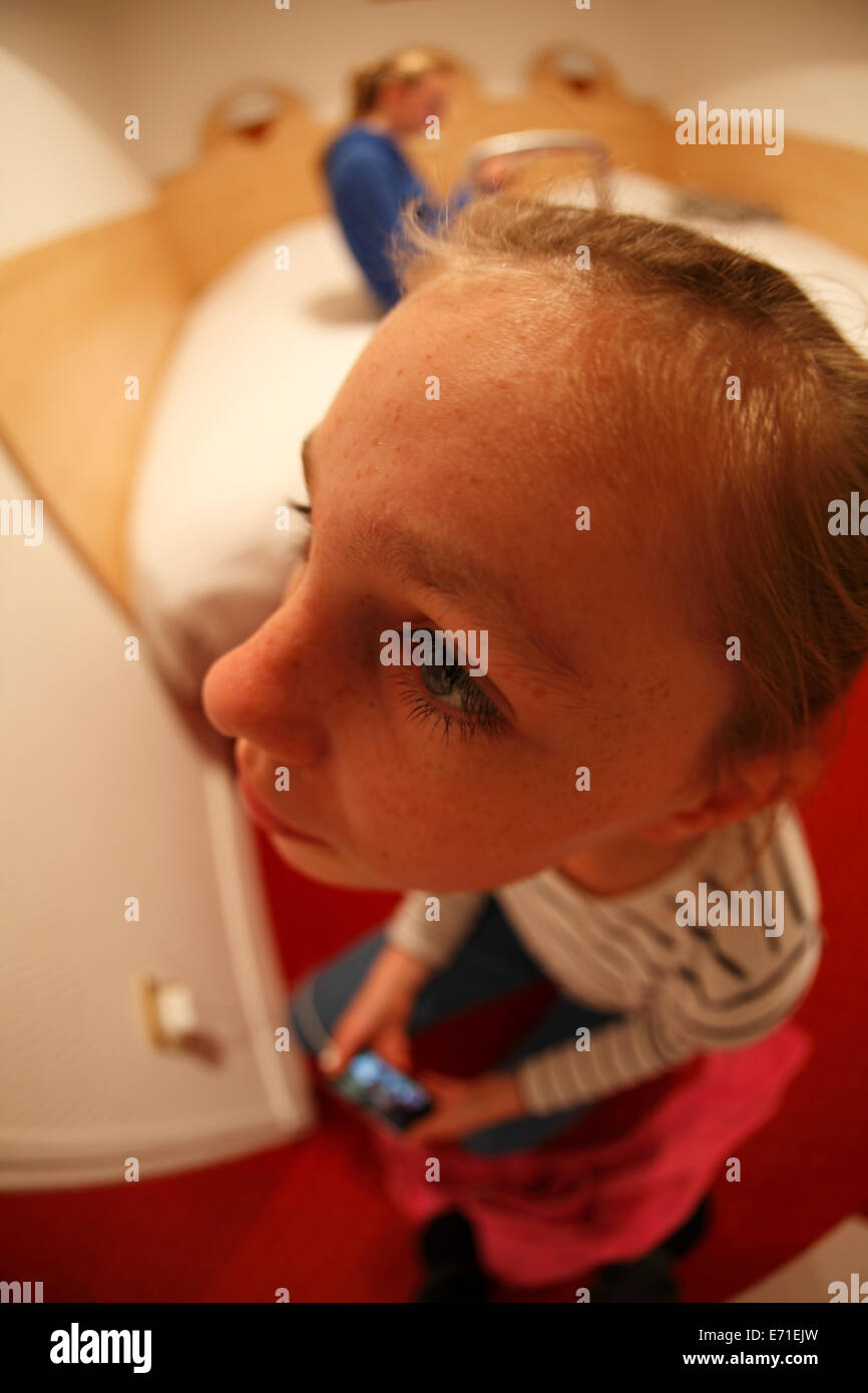 very close up with fisheye of a girls face Stock Photo