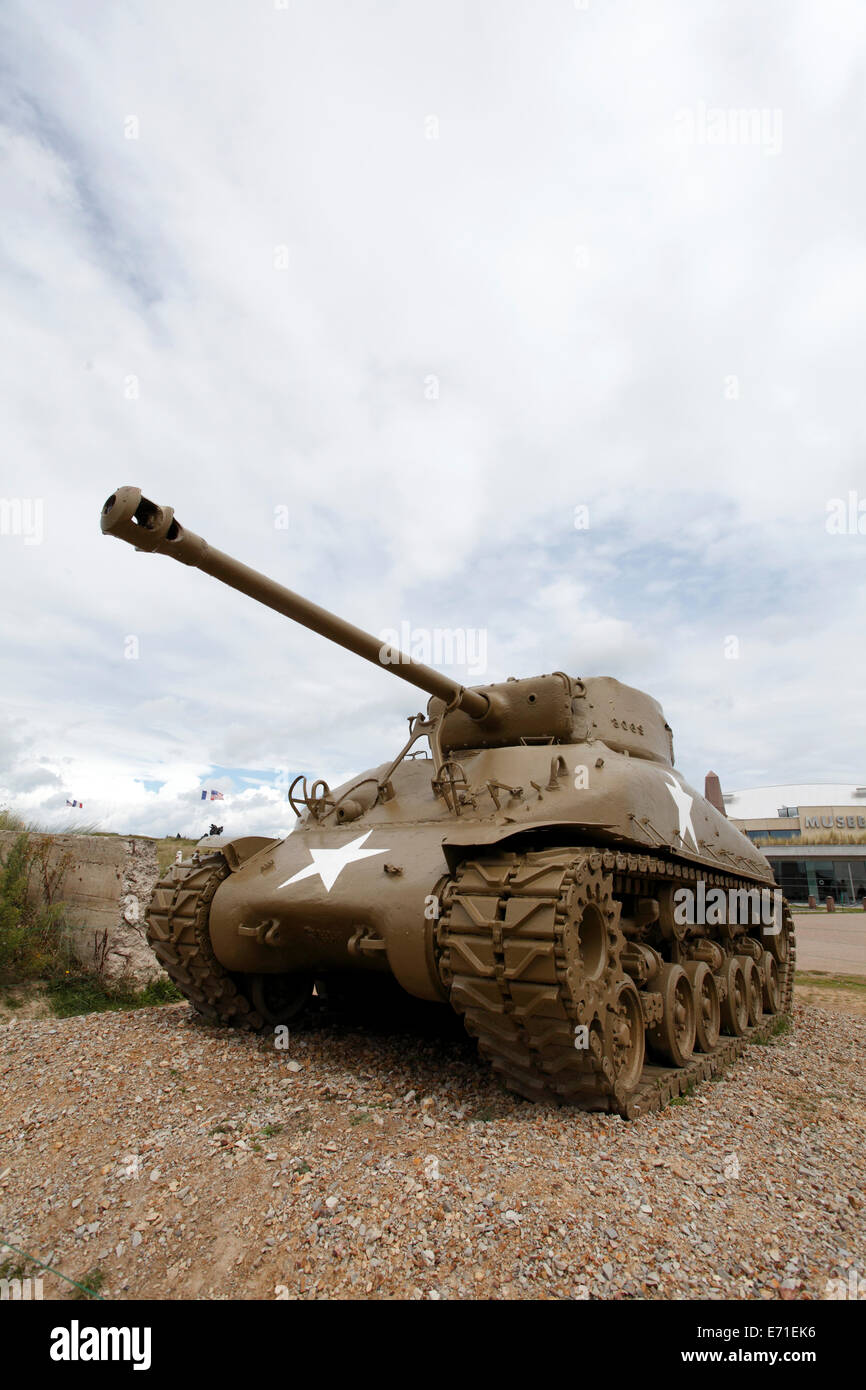 Utah Beach, Normandy France. Sherman Tank in the foreground. Stock Photo