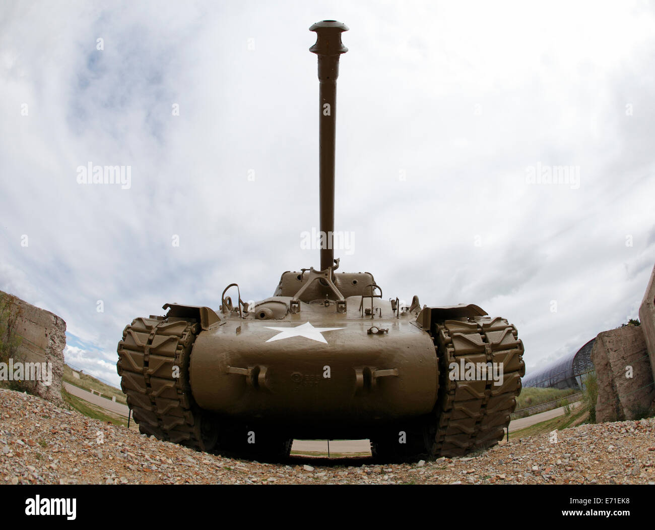 Utah Beach, Normandy France. Sherman Tank in the foreground. Stock Photo