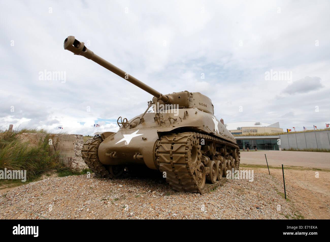 Utah Beach, Normandy France. Sherman Tank in the foreground. Museum Stock Photo