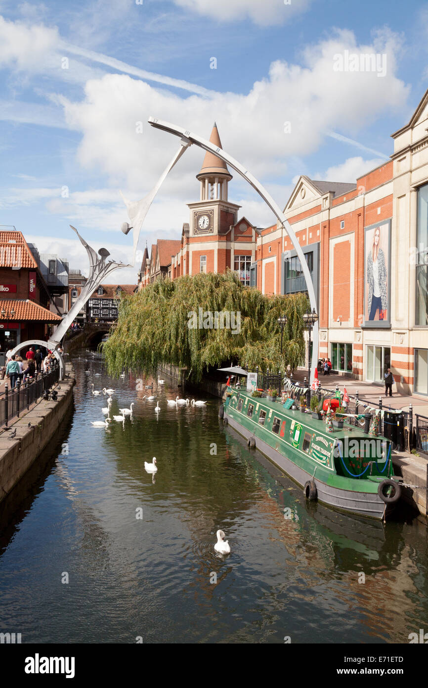 Lincoln city centre UK, the River Witham, Waterside and the Millenium Empowerment Statue; Lincolnshire UK Stock Photo
