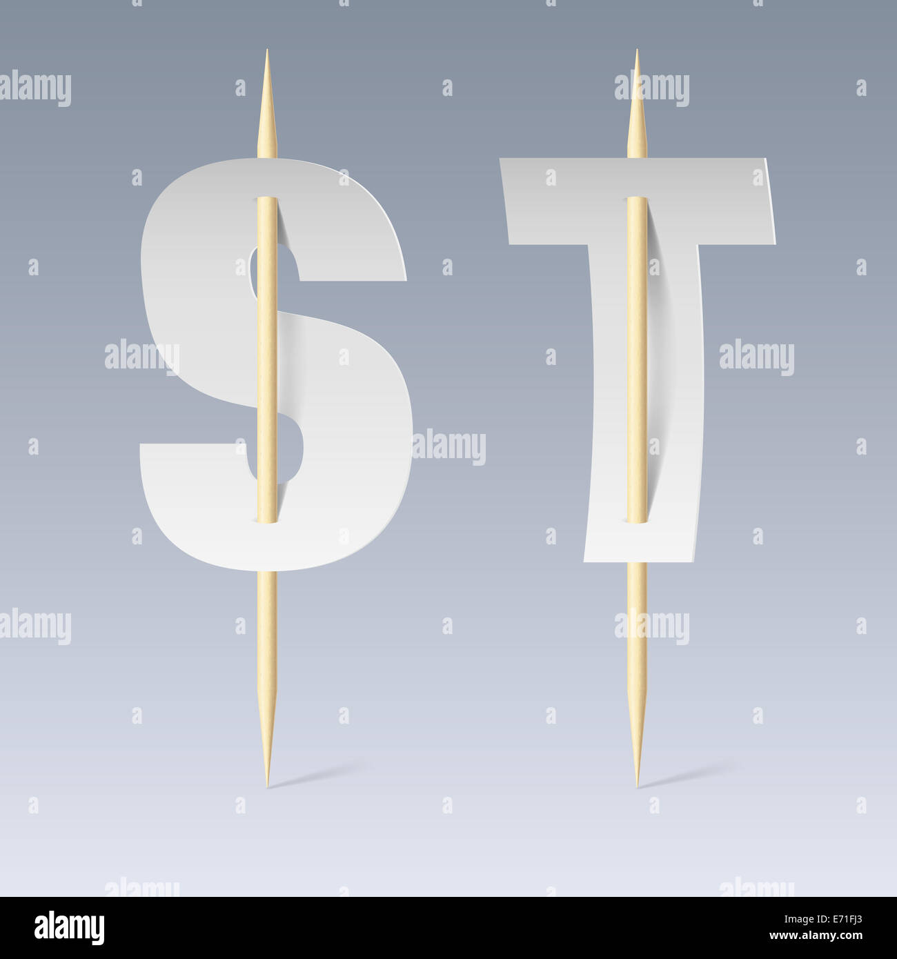 White paper cut font on toothpicks on grey background. S and T letters ...