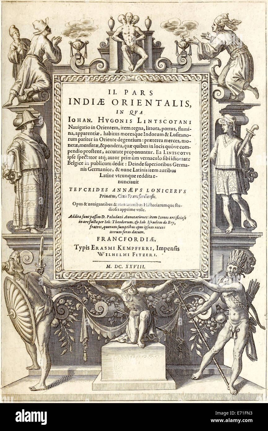 Frontispiece from 'Indiae Orientalis' 1599 (1628 2nd Latin Edition) by Theodor de Bry. See description for further information. Stock Photo