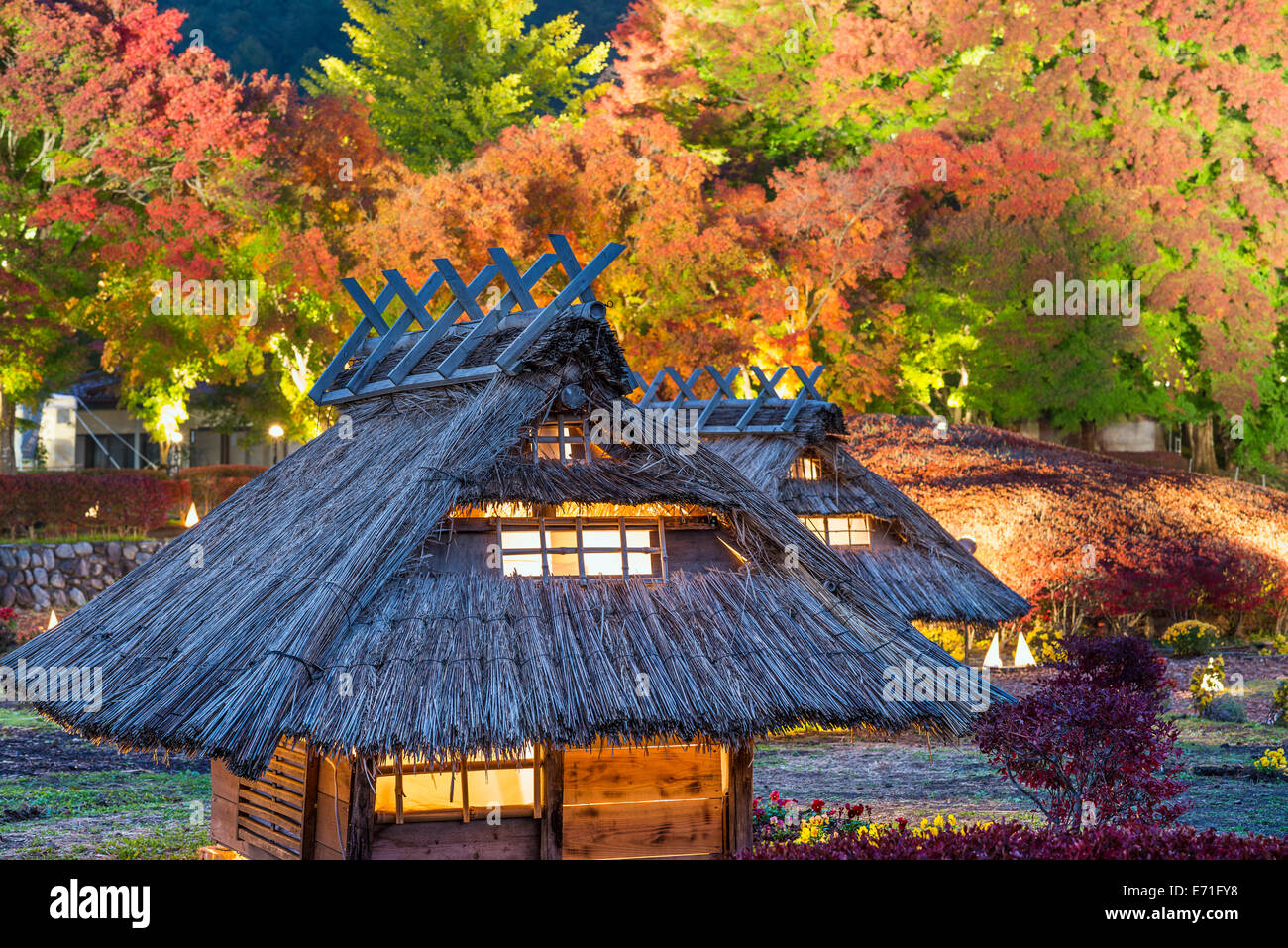 Kawaguchi-ko, Japan fall light up and village replica. Stock Photo