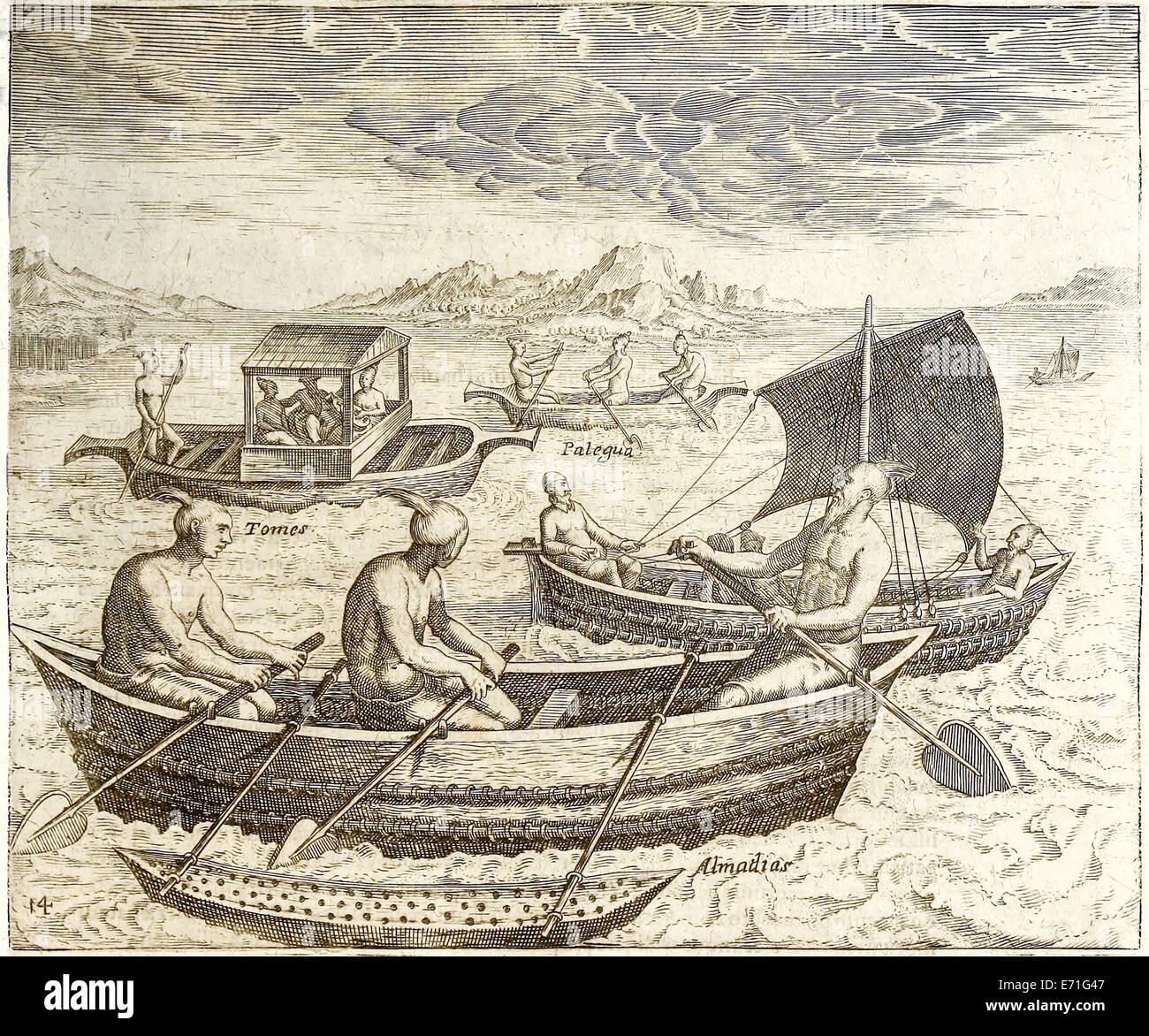 Boats from Goa and Cochin from 'Indiae Orientalis' 1599 by Theodor de Bry. See description for further information. Stock Photo