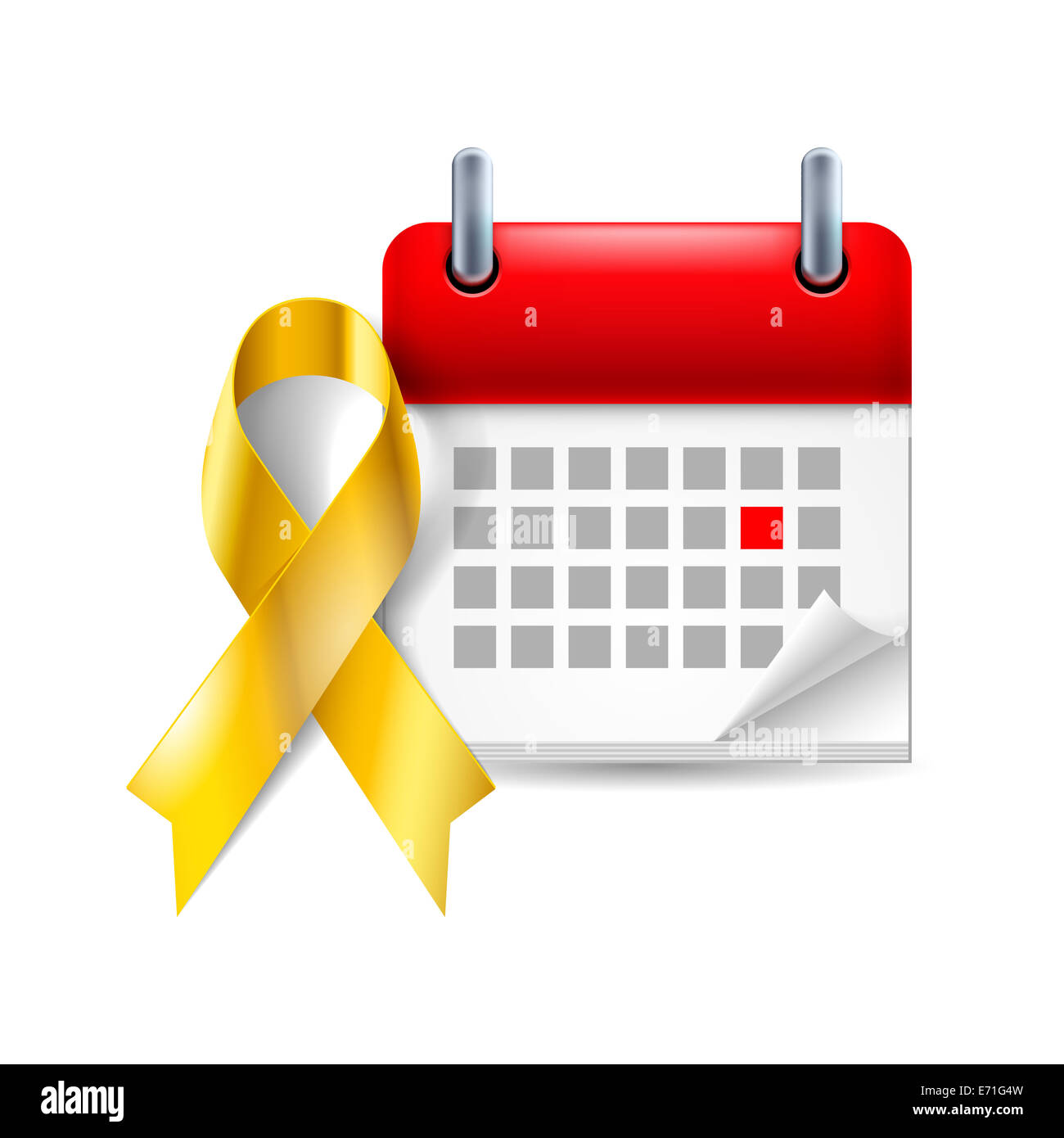 Gold awareness ribbon and calendar with marked day. Childhood cancer symbol Stock Photo