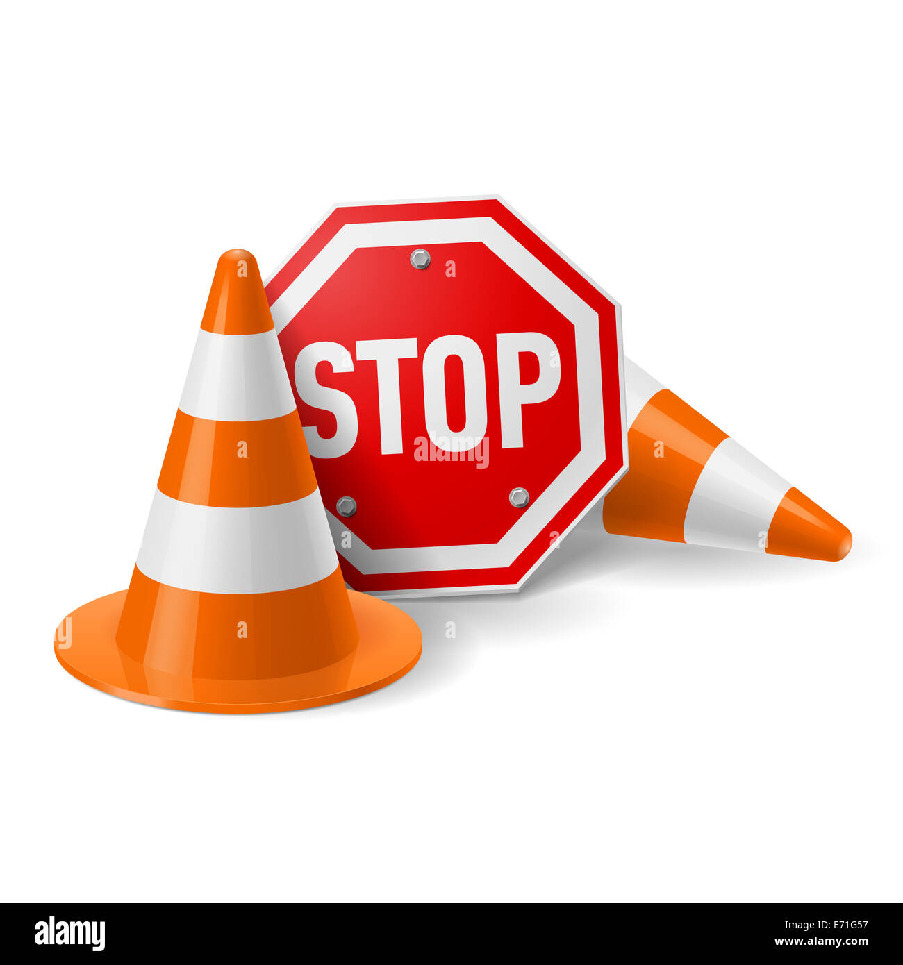Traffic cones and red stop sign. Road safety and prevention of accidents  during road construction Stock Photo