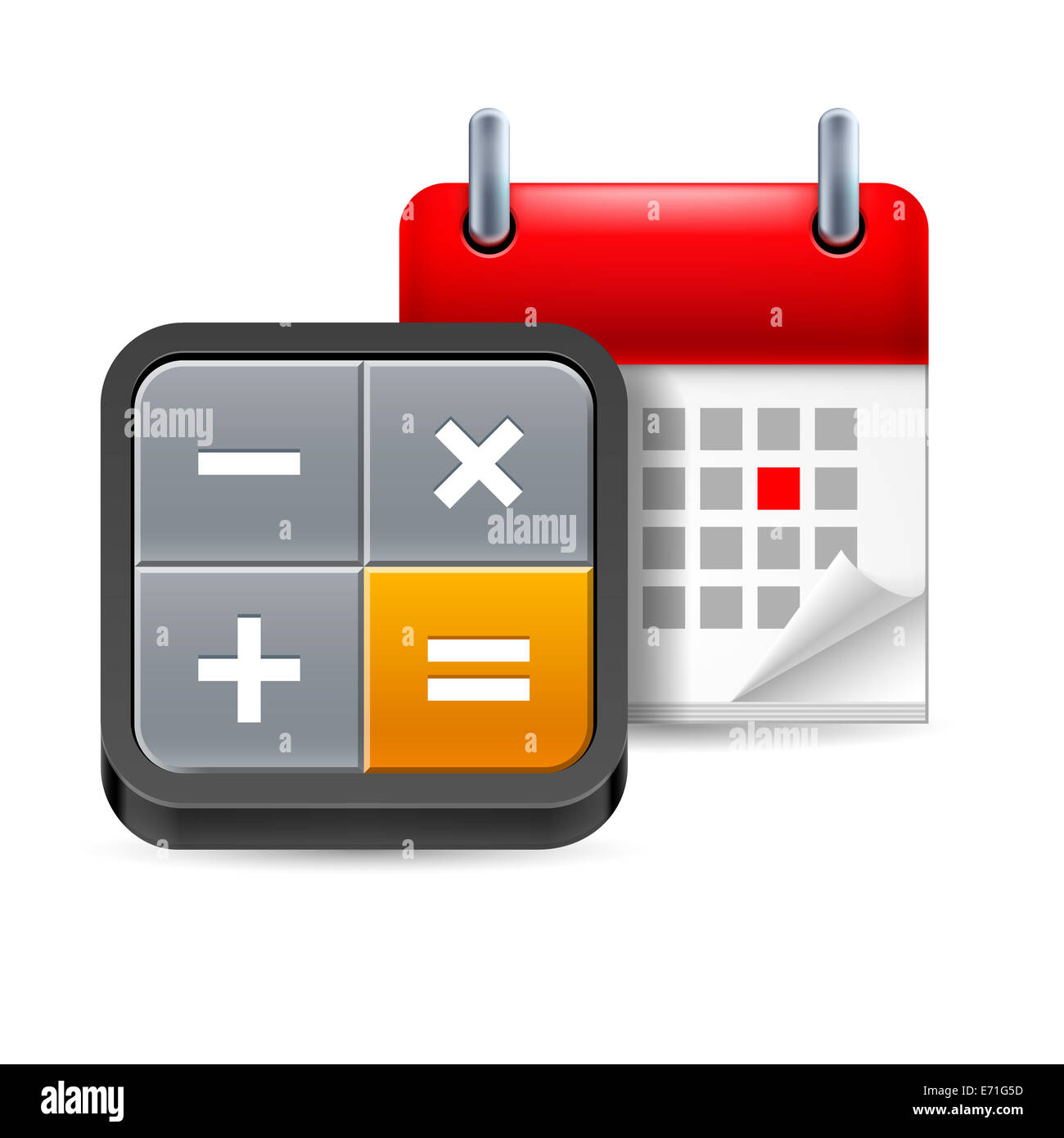 Calculator and calendar with marked day on white background Stock Photo