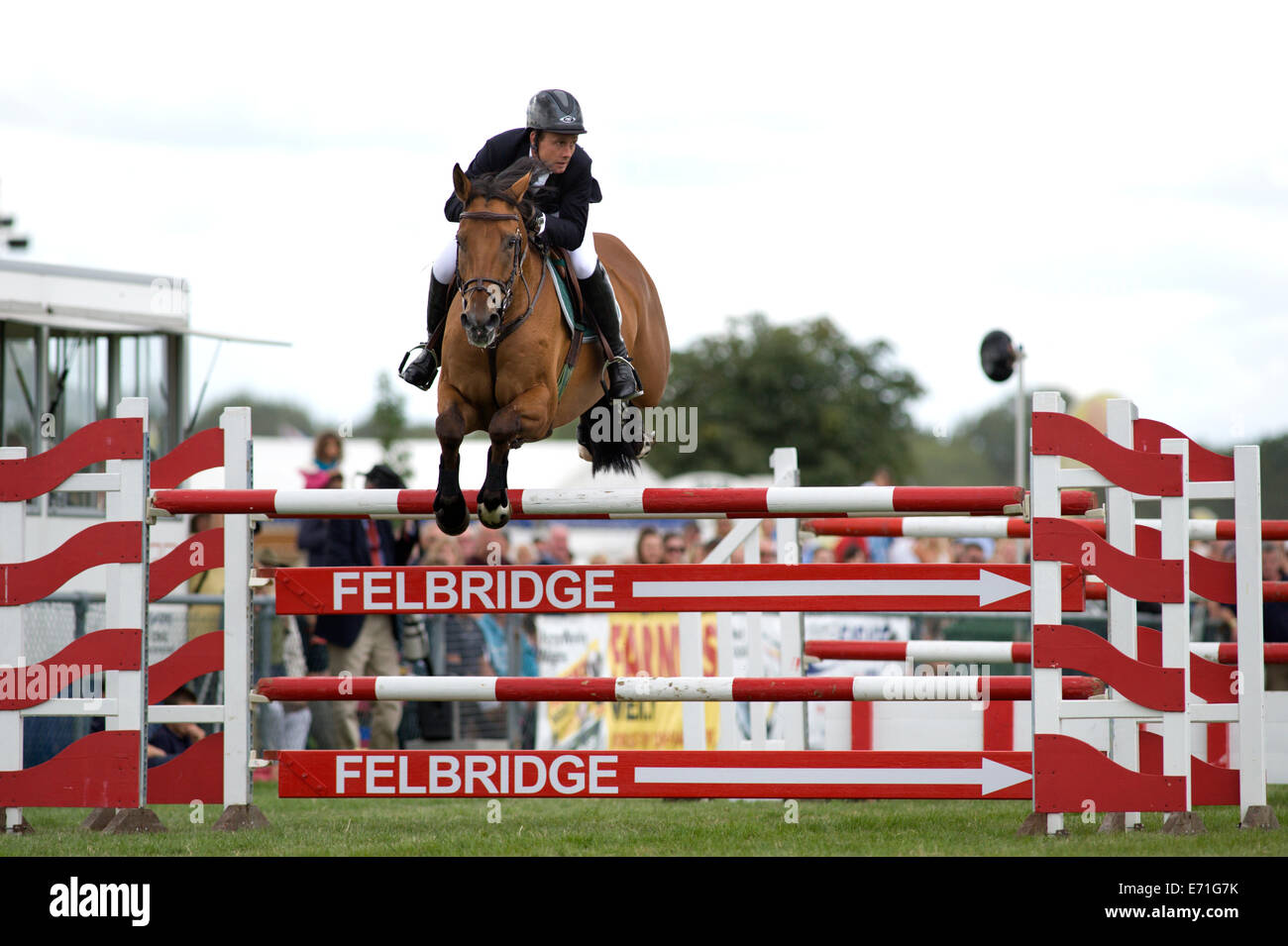 A horse and rider jump a fence in the show jumping competition at the ...