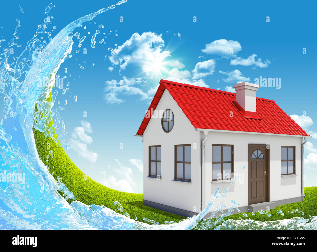 House, green meadow and water splash Stock Photo - Alamy