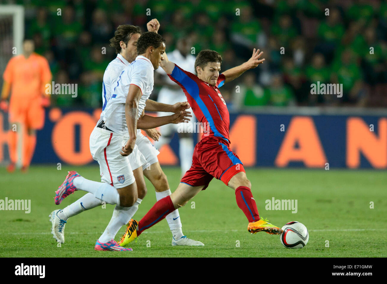 Prague, Czech Republic. 3rd Sep, 2014. From left: Mix Diskerud and Timmy Chandler of USA and Vaclav Pilar of Czech Republic fight for a ball during the soccer friendly match Czech Republic vs USA in Prague, Czech Republic, September 3, 201 Credit: © Michal Kamaryt/CTK Photo/Alamy Live News  Stock Photo