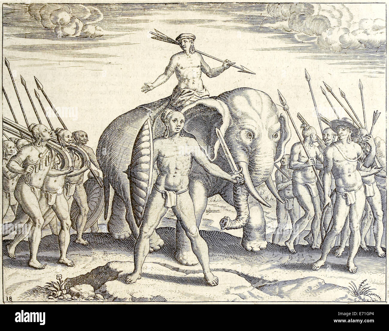 Ethiopia battle elephant, Illustration from 'Indiae Orientalis' 1599 by Theodor de Bry. See description for further information. Stock Photo