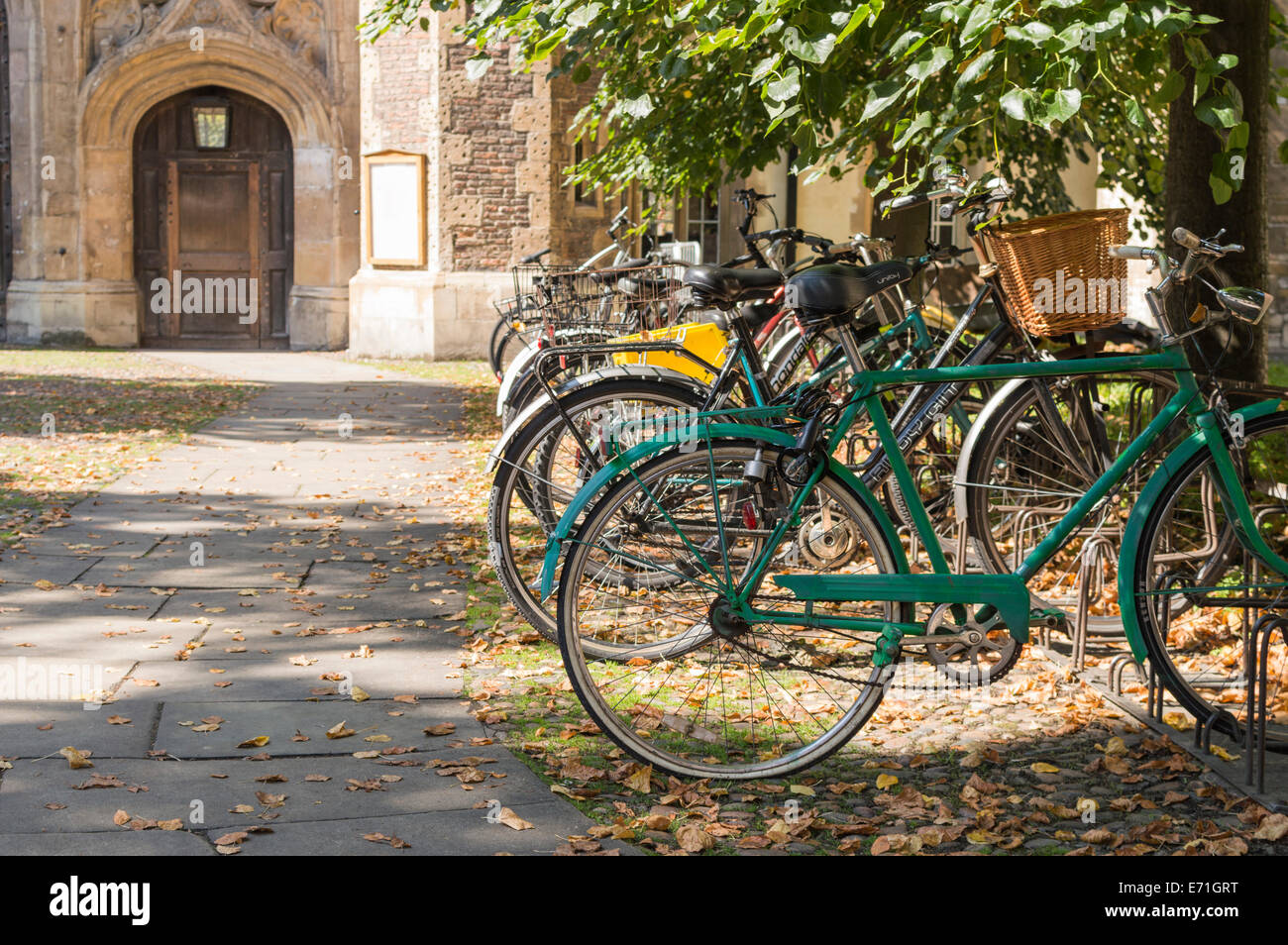 bikes parked on stands and locked; outside one of the entrances to Trinity College, Cambridge. Stock Photo