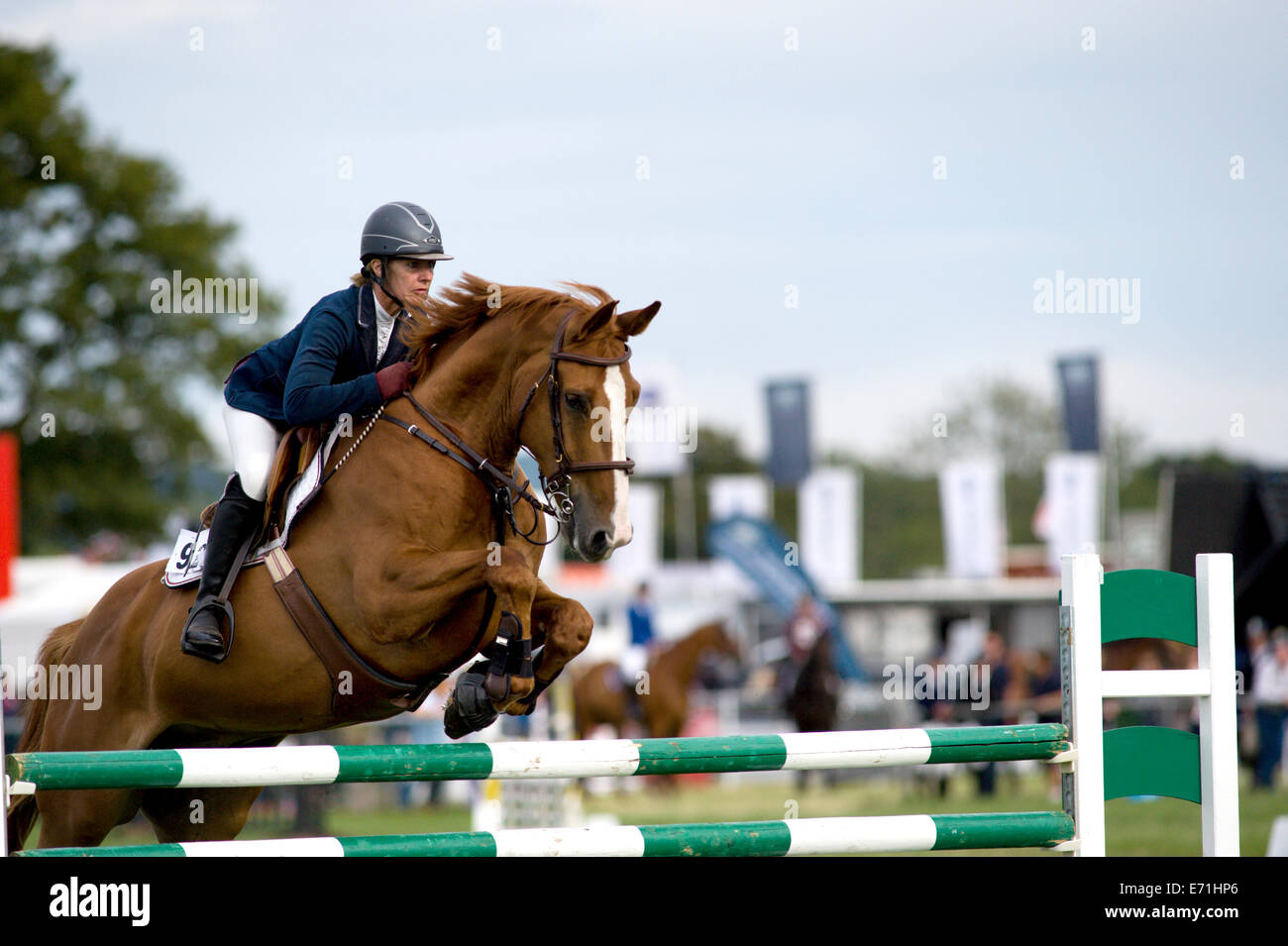 A horse and rider jump a fence in the show jumping competition at the ...