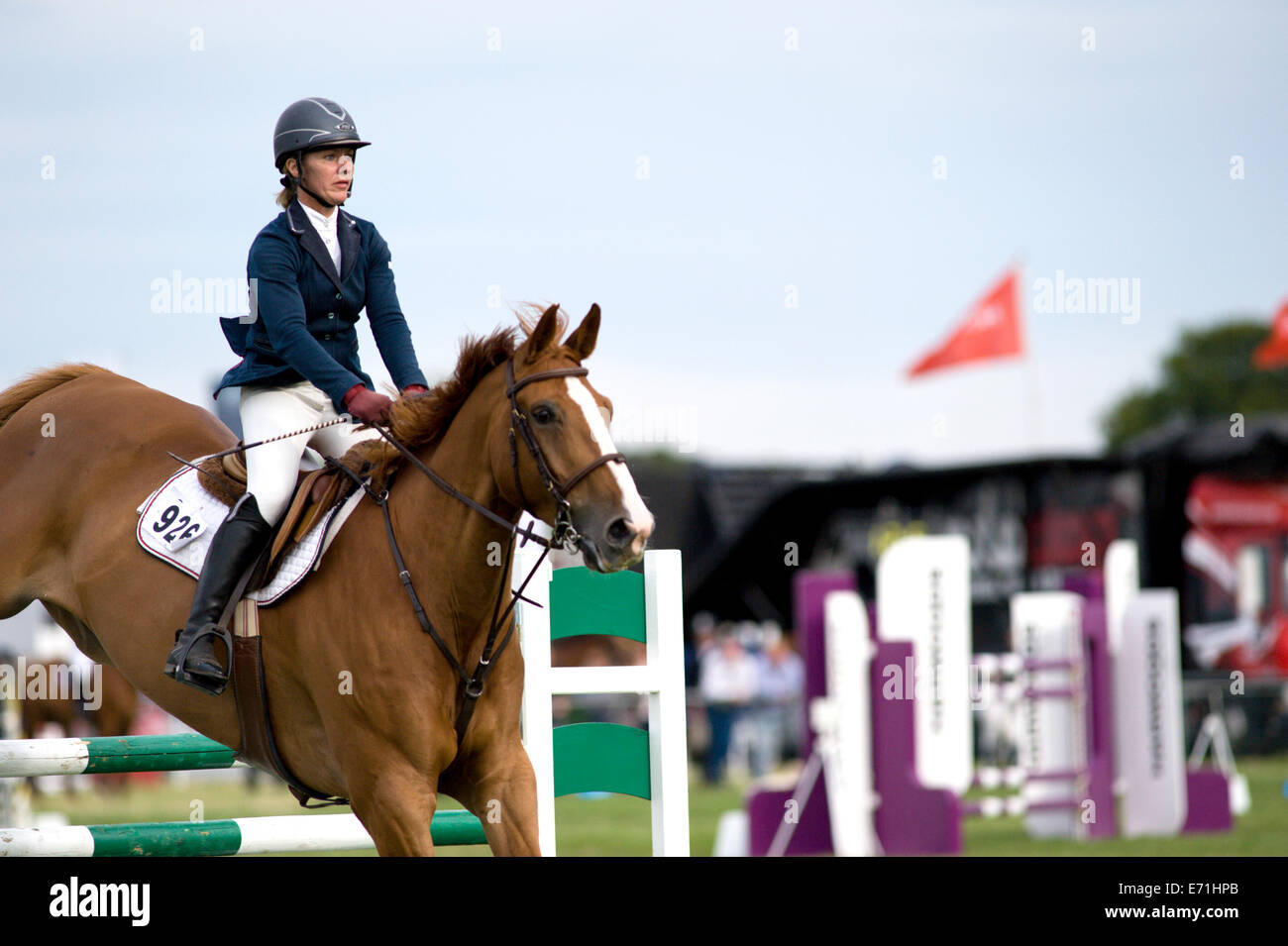 A horse and rider jump a fence in the show jumping competition at the ...