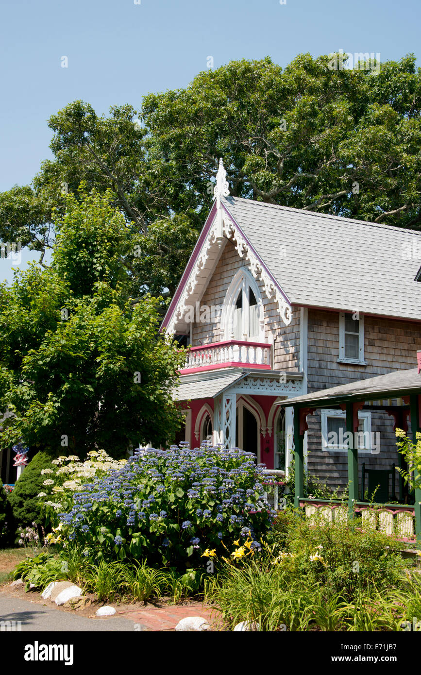 USA, Massachusetts, Martha's Vineyard, Oak Bluffs. Historic Victorian Campground Cottage, National Historic Landmark. Stock Photo