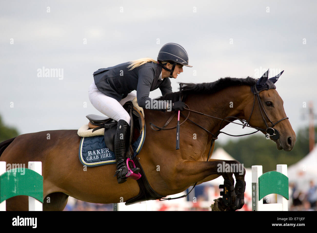 A horse and rider jump a fence in the show jumping competition at the ...