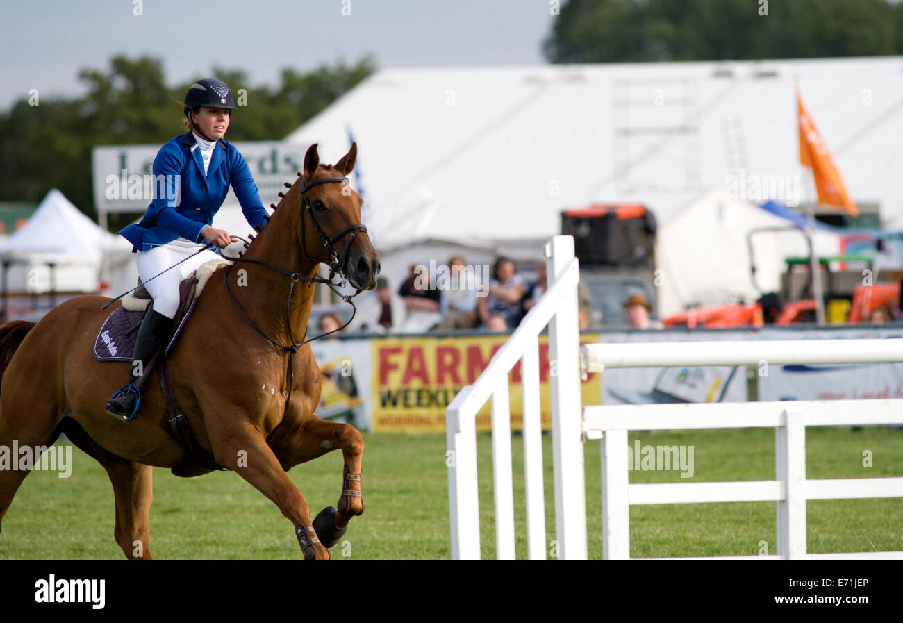 A horse and rider approach a fence in the show jumping competition at ...