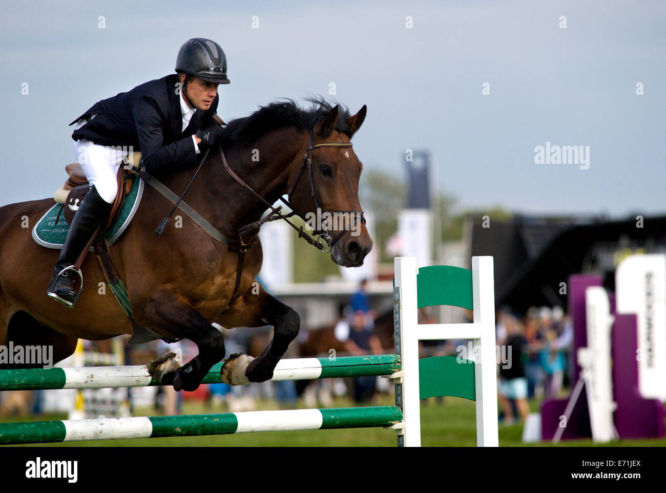 A horse and rider over a fence in the show jumping competition at the ...