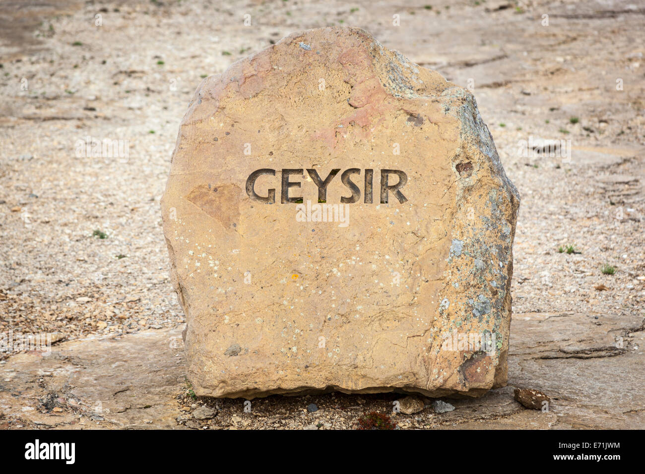 Geysir name carved in stone, Geysir hot springs area, Haukadalur