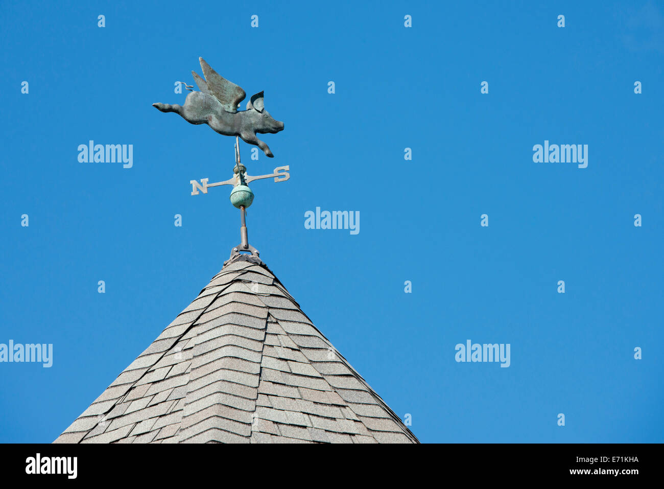 USA, Michigan, Mackinac Island. 'When Pigs Fly' rooftop weathervane. (Large format sizes available) Stock Photo