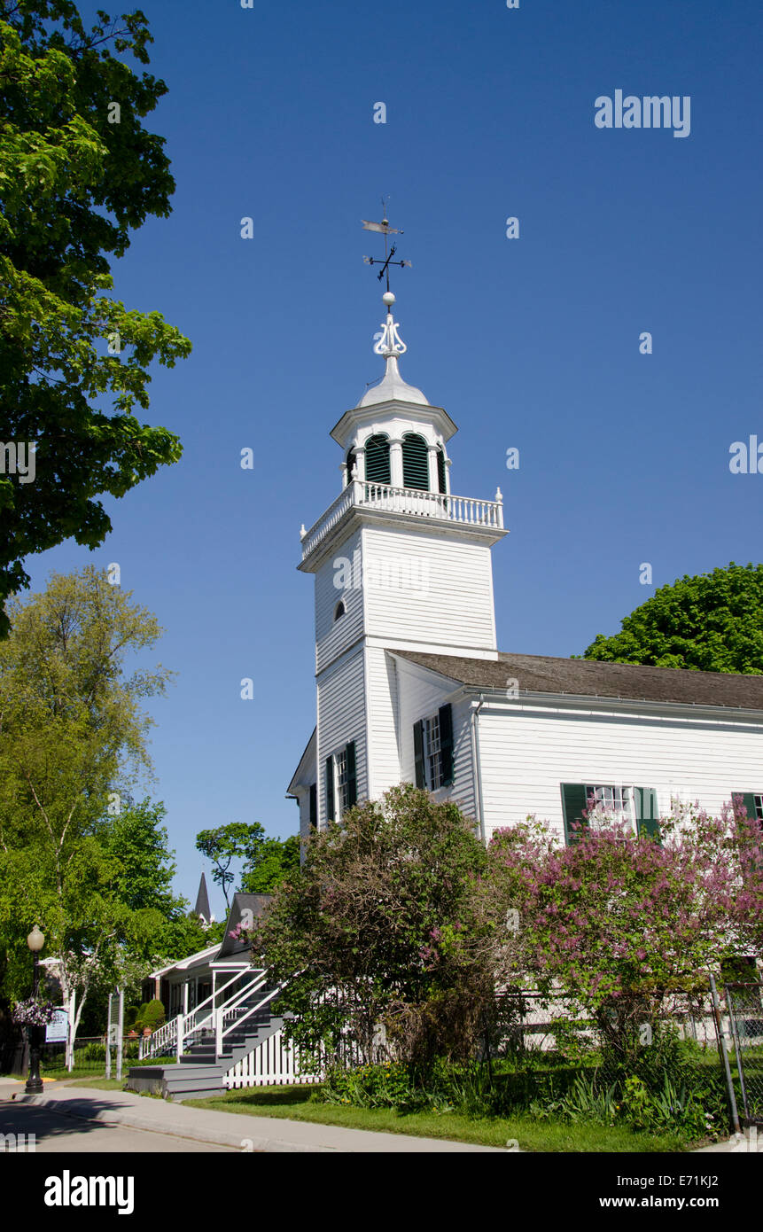 USA, Michigan, Mackinac Island, Main Street (aka Huron). Historic Mission Church, c. 1829-1830. Stock Photo