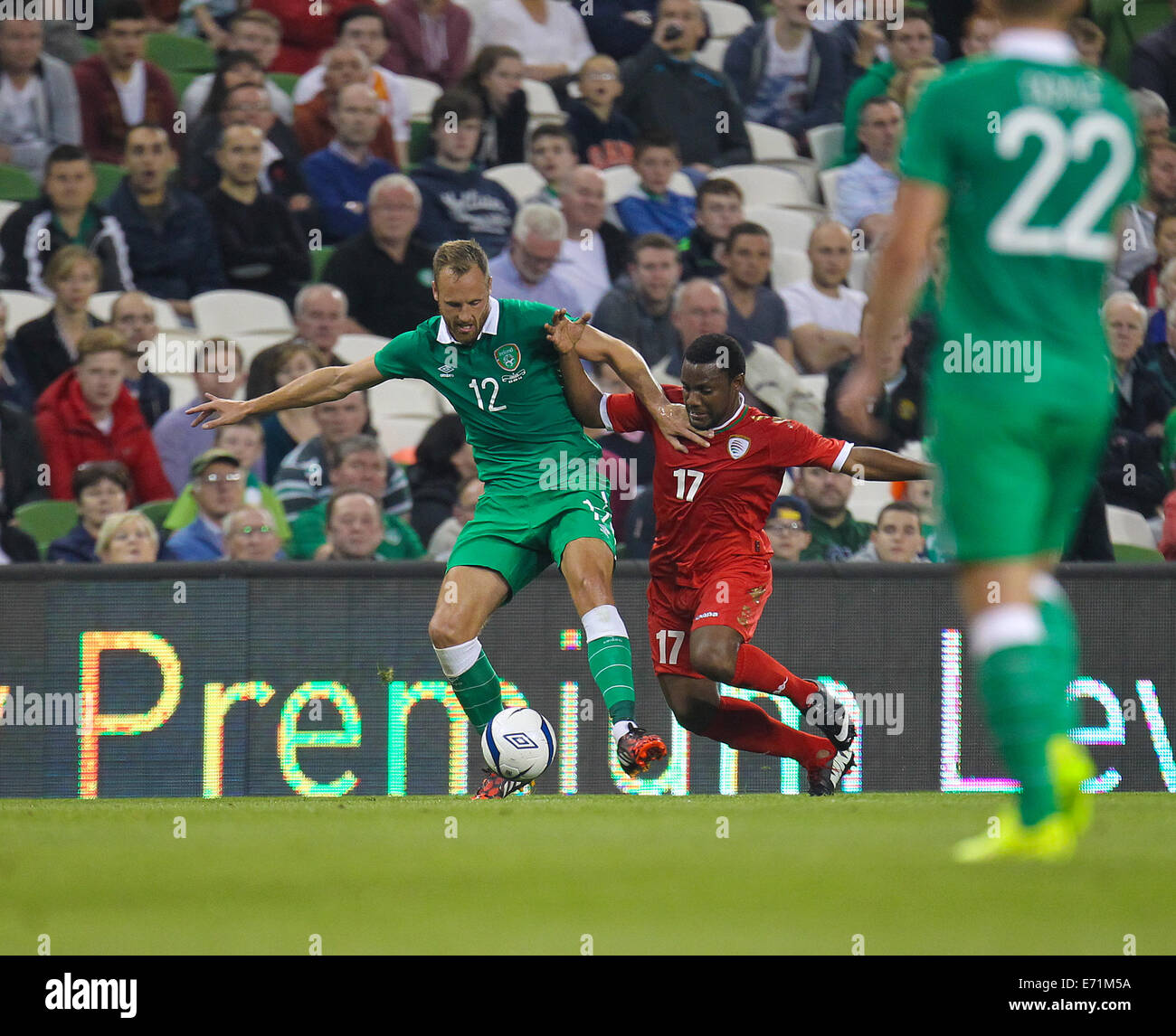 Dublin, Ireland. 3rd Sep, 2014. International friendly fixture Republic of Ireland versus Oman. David Meyler (Ireland) battles with Ahmed Al Muhaijri (Oman). Credit:  Action Plus Sports/Alamy Live News Stock Photo