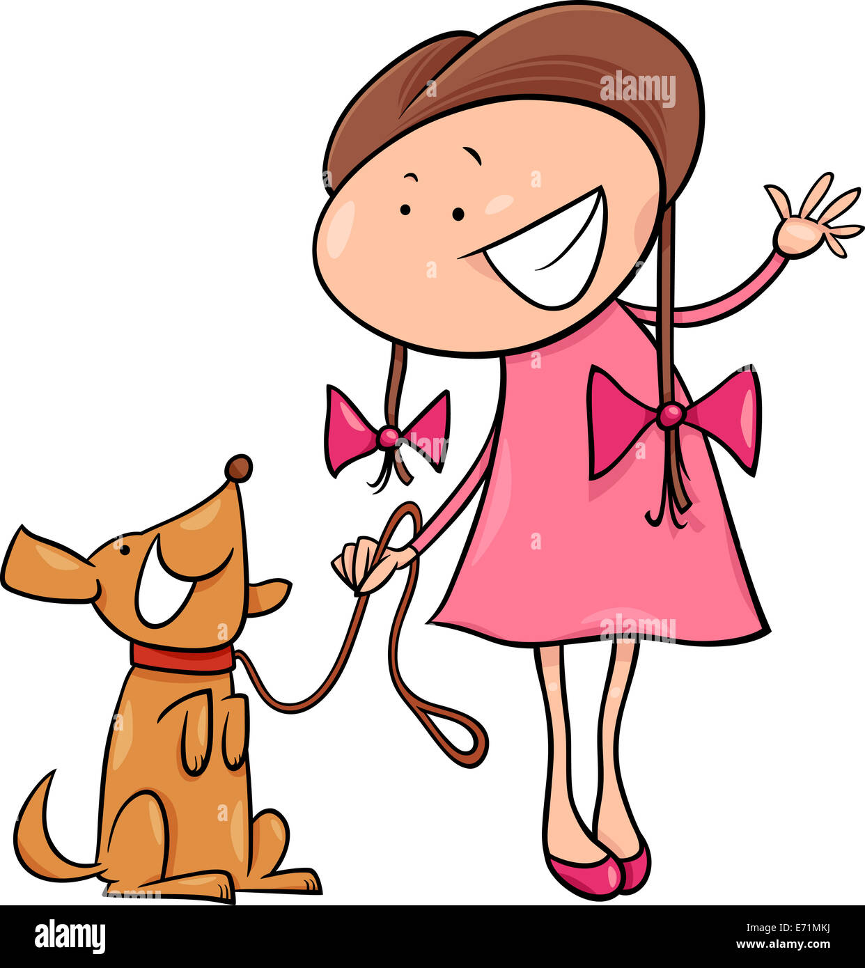 Cartoon Illustration of Cute Little Girl with Dog Stock Photo - Alamy